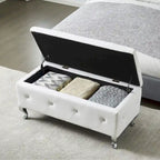 Banc de rangement en similicuir blanc avec boutons en cristal, simple