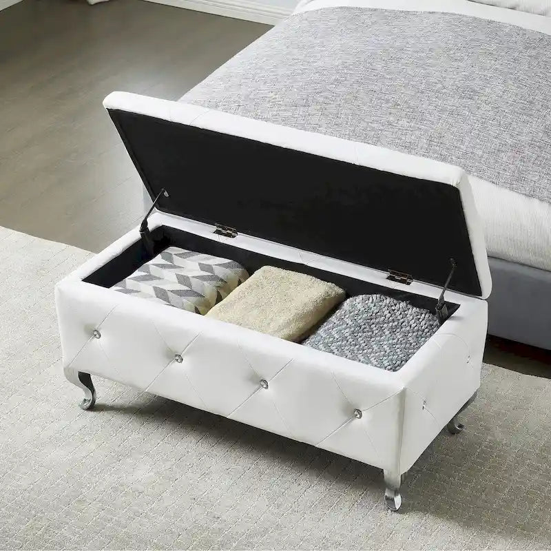 Banc de rangement en similicuir blanc avec boutons en cristal, simple