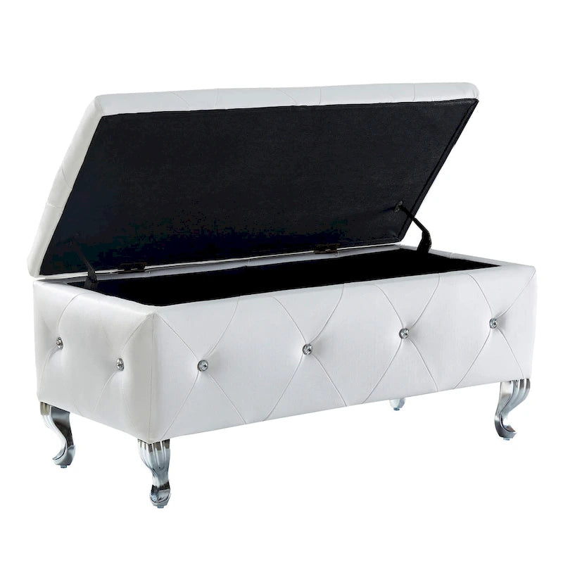 Banc de rangement en similicuir blanc avec boutons en cristal, simple
