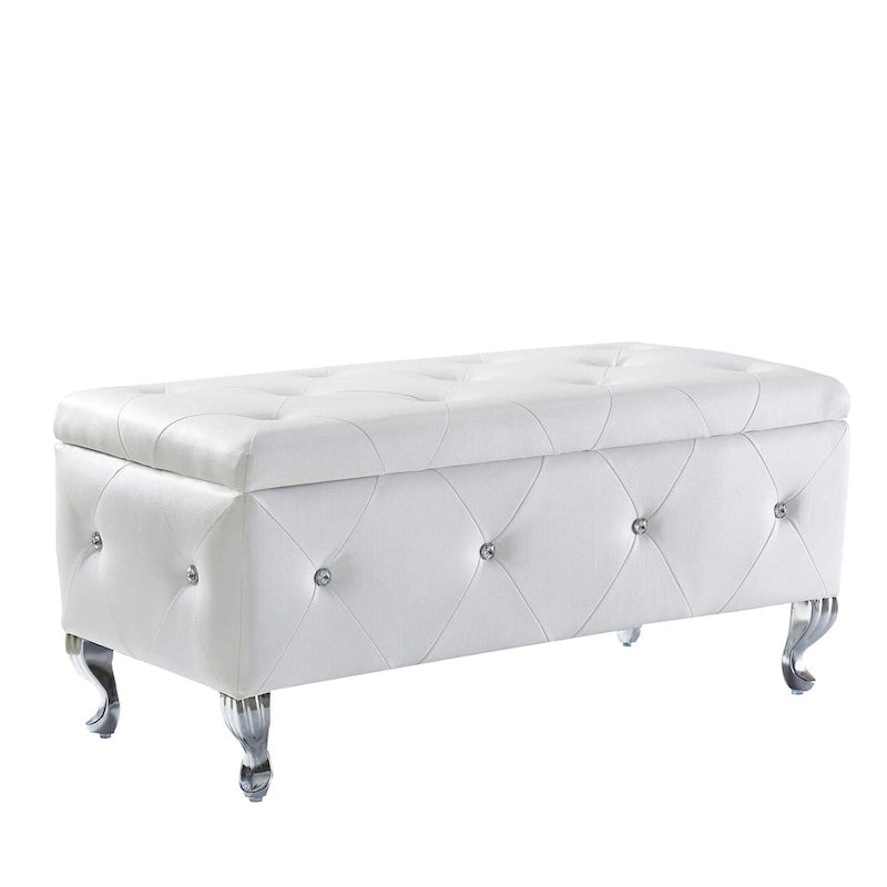 Banc de rangement en similicuir blanc avec boutons en cristal, simple