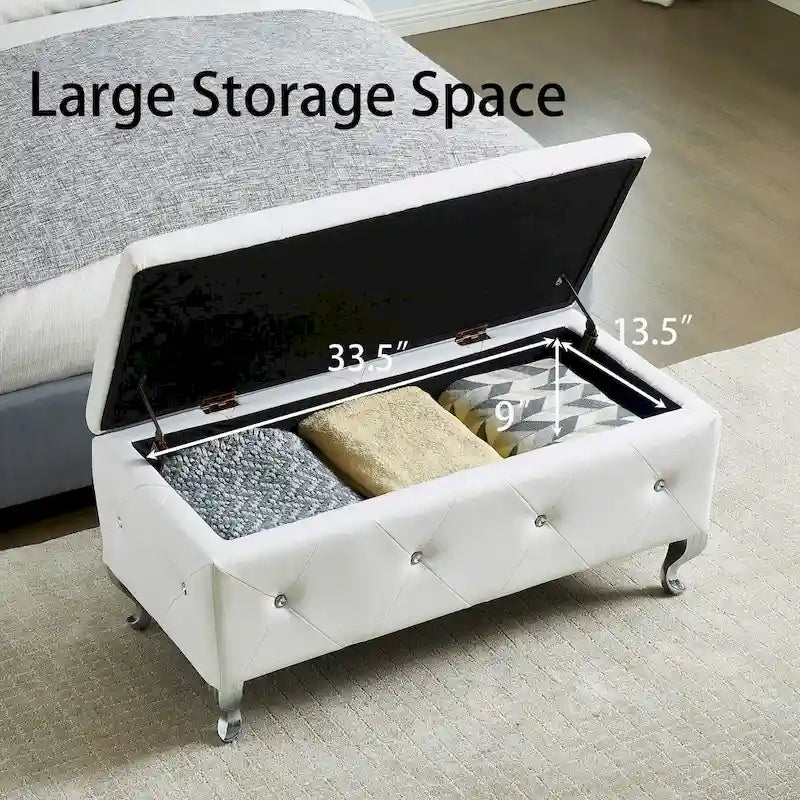 Banc de rangement en similicuir blanc avec boutons en cristal, simple