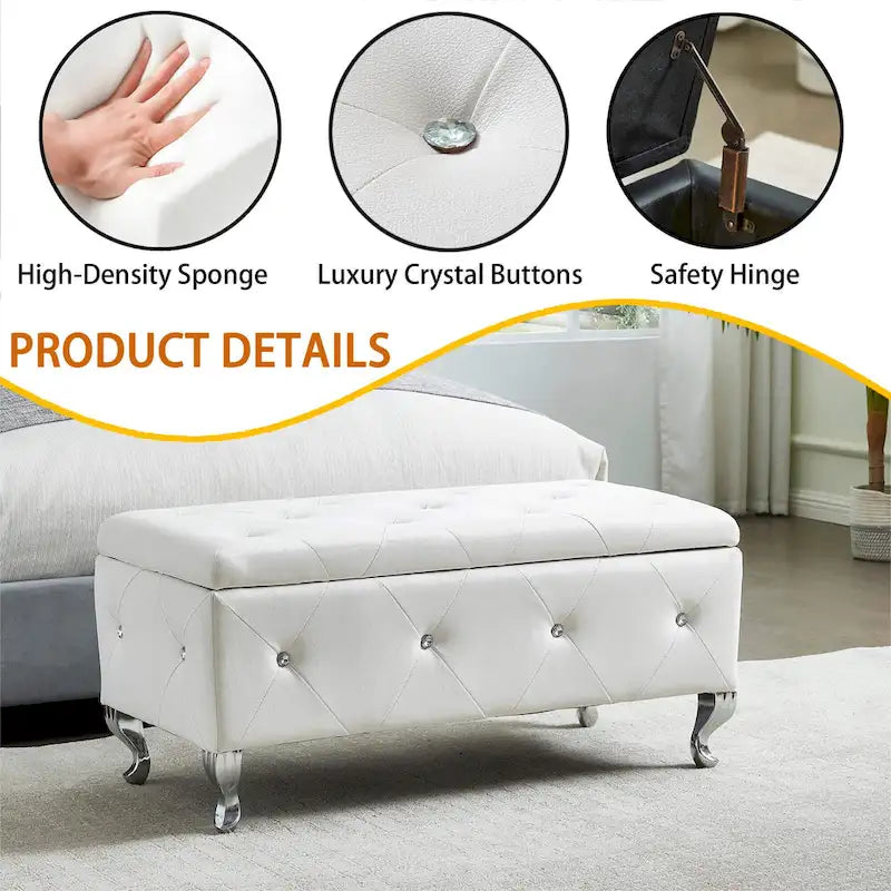 Banc de rangement en similicuir blanc avec boutons en cristal, simple