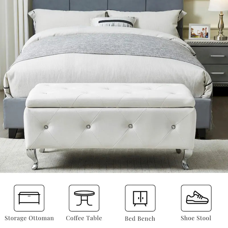 Banc de rangement en similicuir blanc avec boutons en cristal, simple