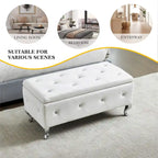 Banc de rangement en similicuir blanc avec boutons en cristal, simple