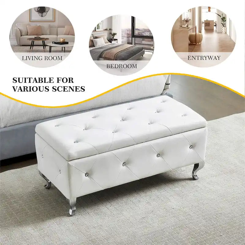 Banc de rangement en similicuir blanc avec boutons en cristal, simple