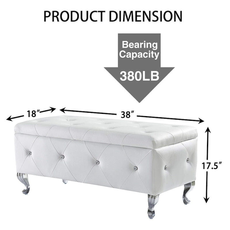 Banc de rangement en similicuir blanc avec boutons en cristal, simple