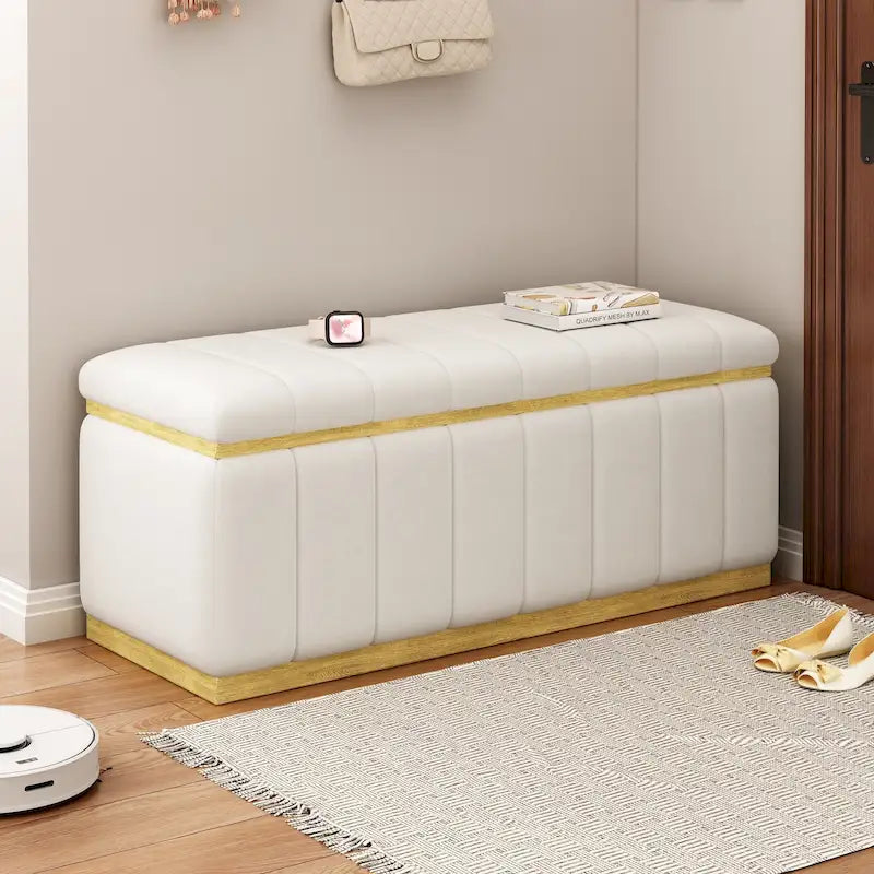 Banc de rangement en lin beige, capitonné, 2-3 places