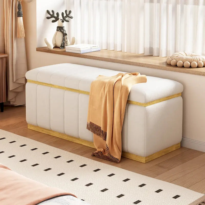 Banc de rangement en lin beige, capitonné, 2-3 places