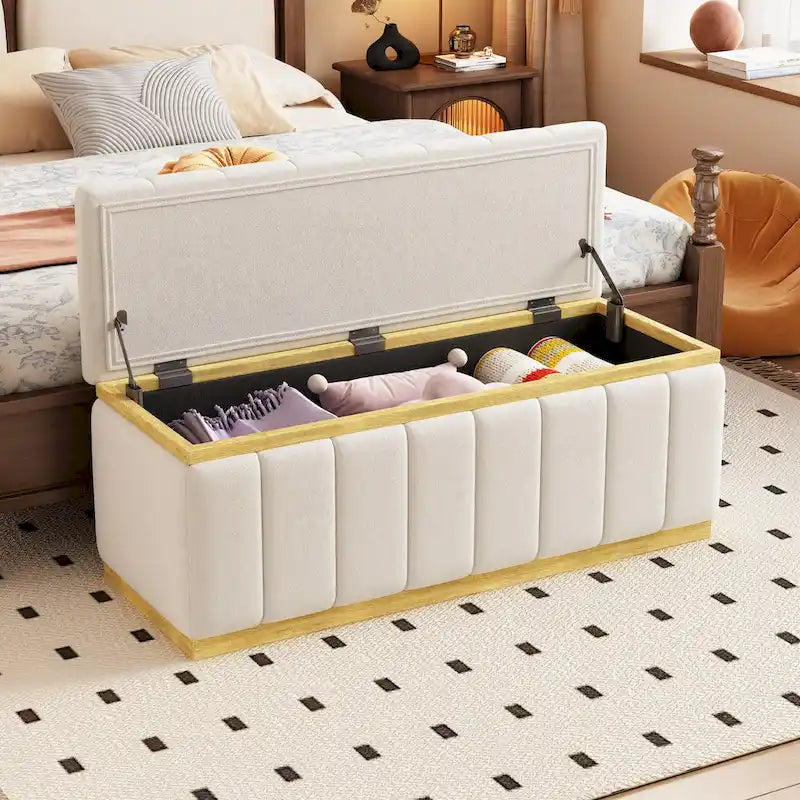 Banc de rangement en lin beige, capitonné, 2-3 places