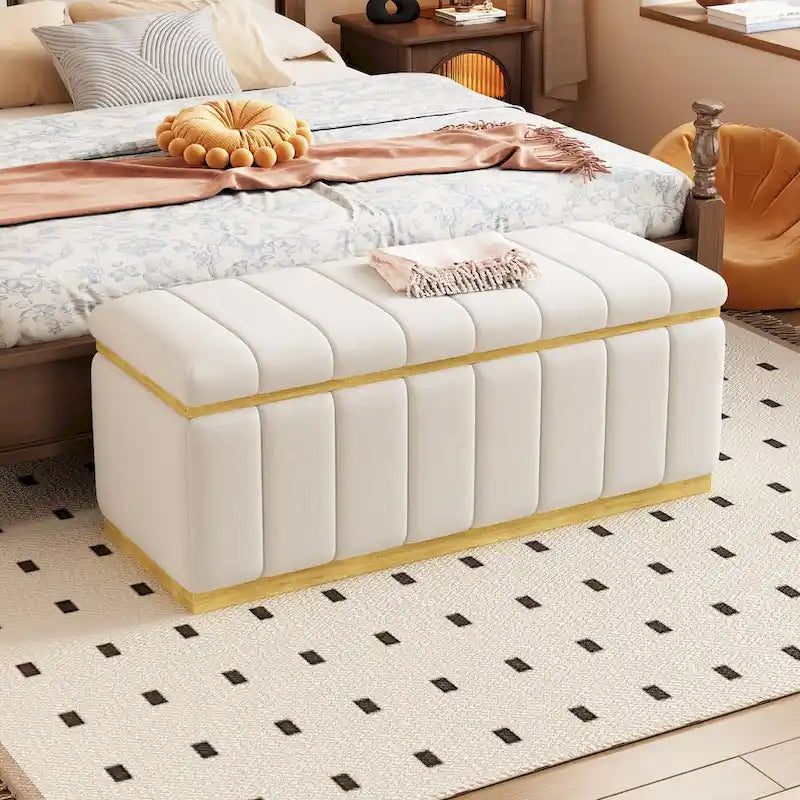Banc de rangement en lin beige, capitonné, 2-3 places