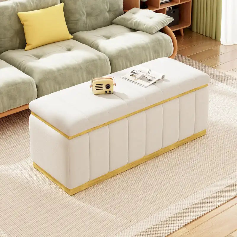 Banc de rangement en lin beige, capitonné, 2-3 places