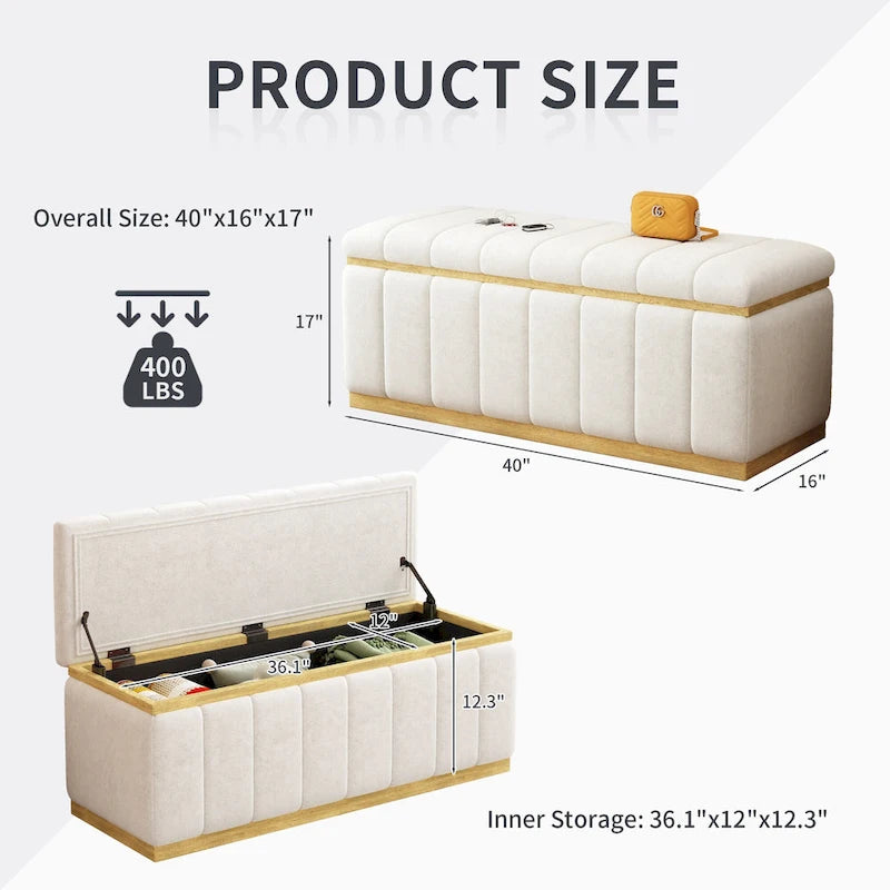 Banc de rangement en lin beige, capitonné, 2-3 places