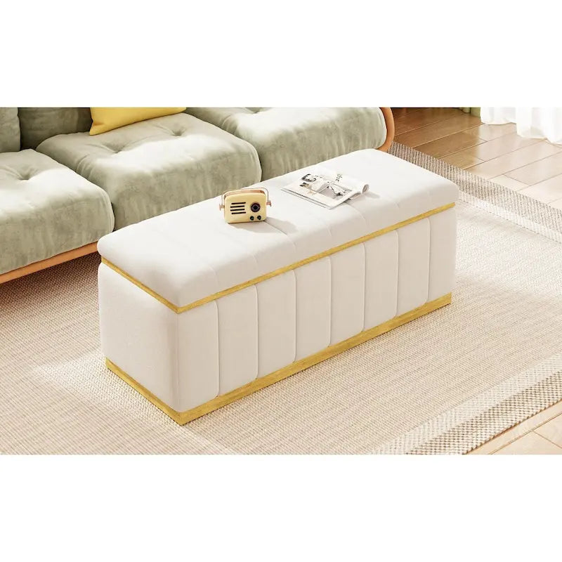Banc de rangement en lin beige, capitonné, 2-3 places