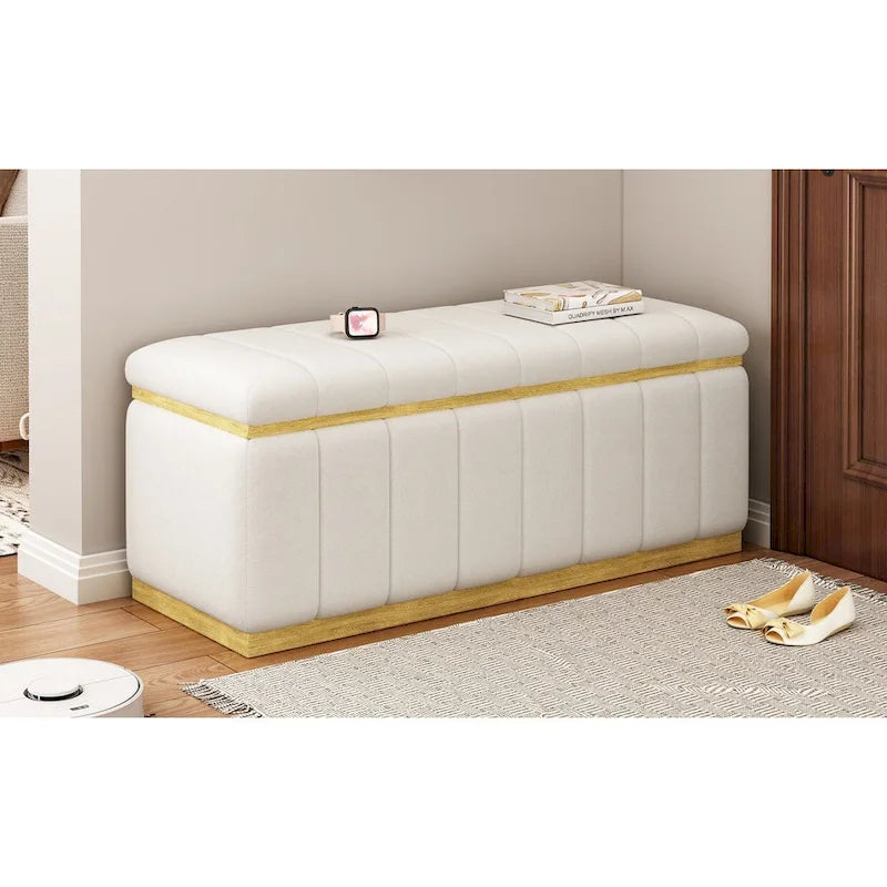 Banc de rangement en lin beige, capitonné, 2-3 places