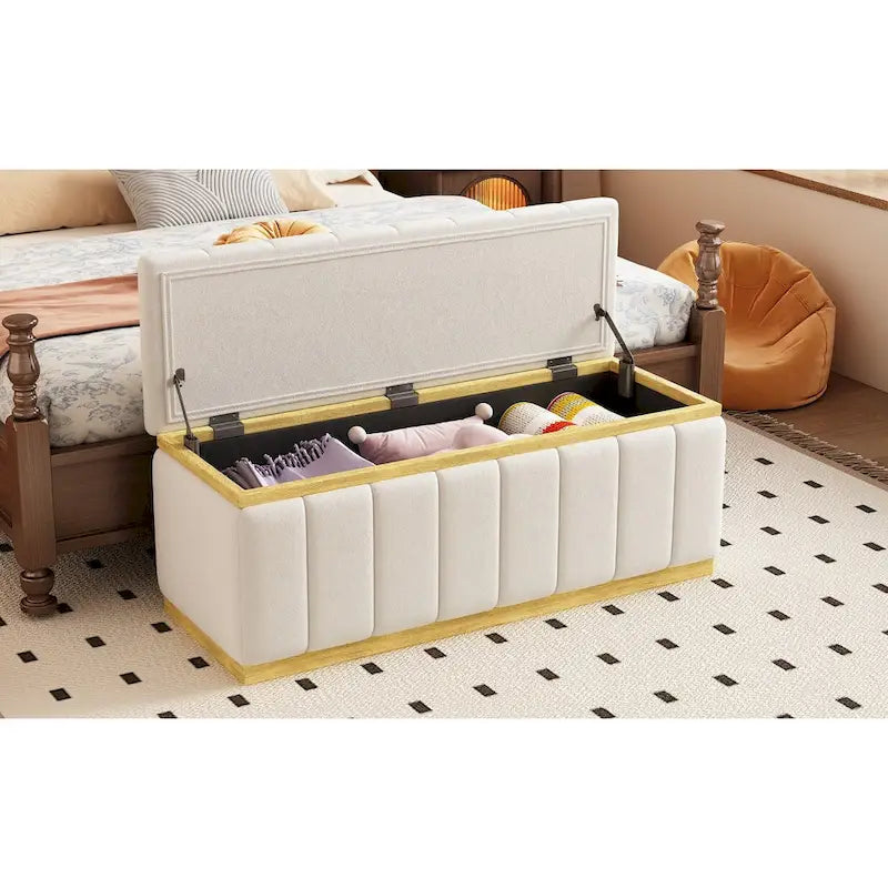 Banc de rangement en lin beige, capitonné, 2-3 places