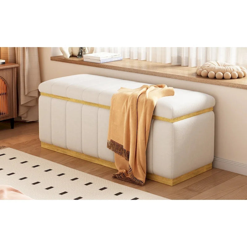 Banc de rangement en lin beige, capitonné, 2-3 places