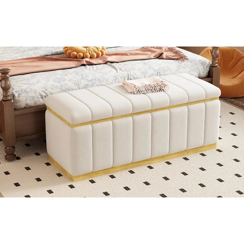 Banc de rangement en lin beige, capitonné, 2-3 places