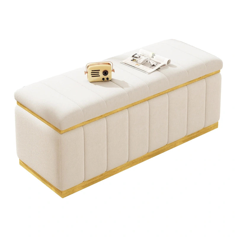 Banc de rangement en lin beige, capitonné, 2-3 places