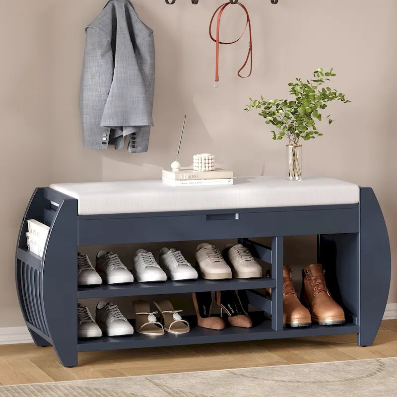 Banc de rangement incurvé avec coussin, une place, Espresso/Bleu foncé/Marron/Blanc/Noir
