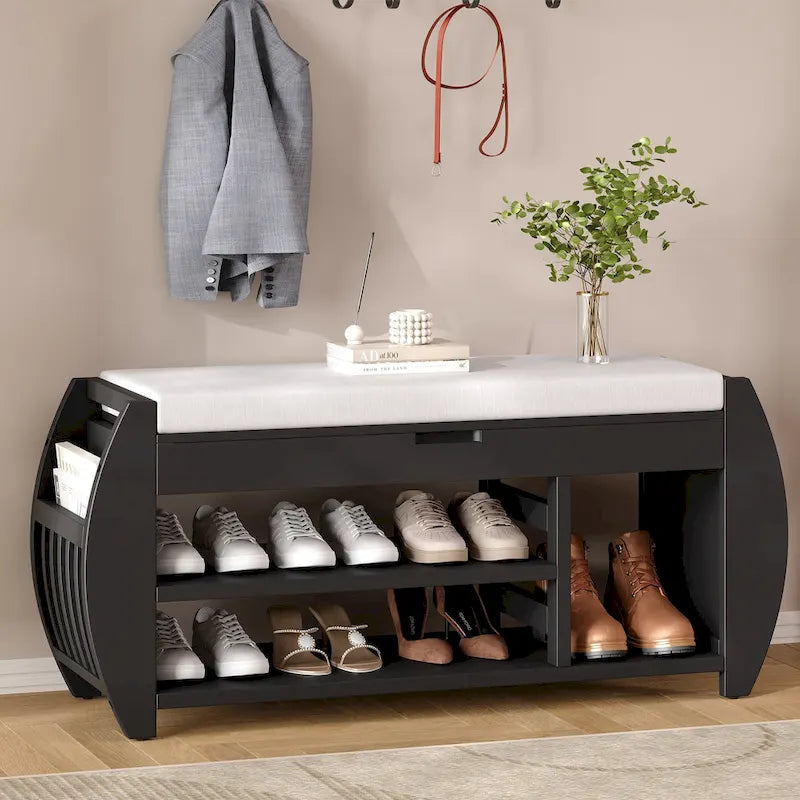 Banc de rangement incurvé avec coussin, une place, Espresso/Bleu foncé/Marron/Blanc/Noir