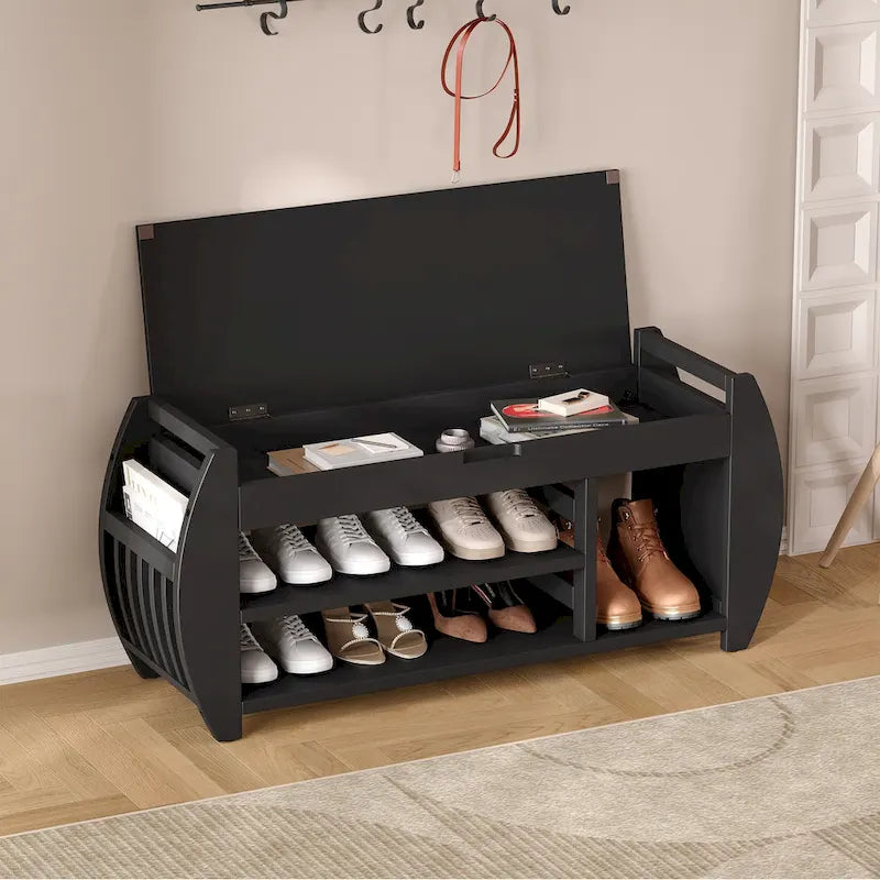 Banc de rangement incurvé avec coussin, une place, Espresso/Bleu foncé/Marron/Blanc/Noir
