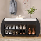 Banc de rangement incurvé avec coussin, une place, Espresso/Bleu foncé/Marron/Blanc/Noir