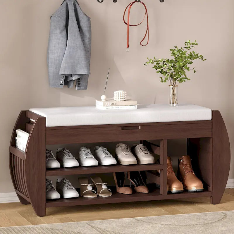 Banc de rangement incurvé avec coussin, une place, Espresso/Bleu foncé/Marron/Blanc/Noir