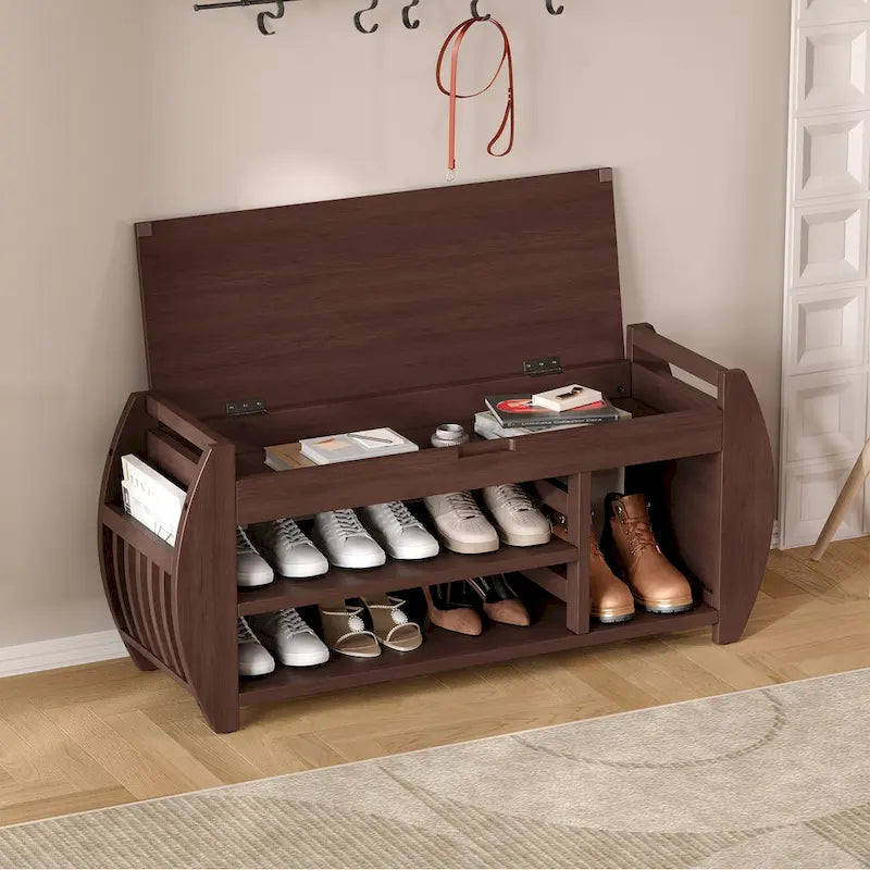 Banc de rangement incurvé avec coussin, une place, Espresso/Bleu foncé/Marron/Blanc/Noir