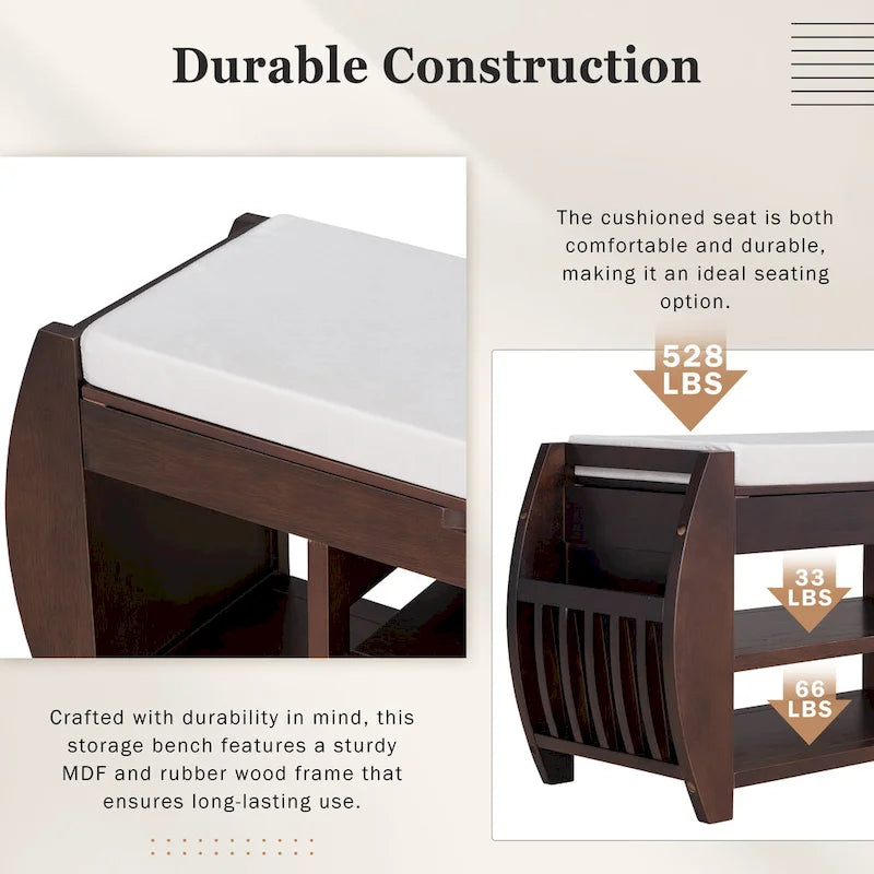 Banc de rangement incurvé avec coussin, une place, Espresso/Bleu foncé/Marron/Blanc/Noir