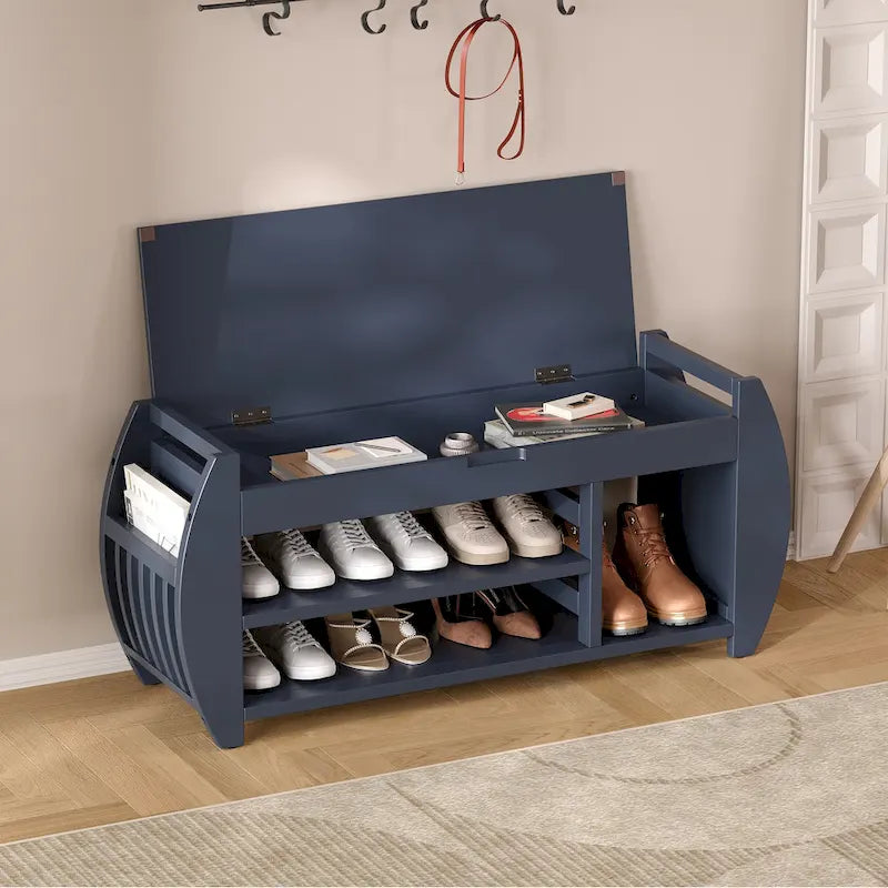 Banc de rangement incurvé avec coussin, une place, Espresso/Bleu foncé/Marron/Blanc/Noir