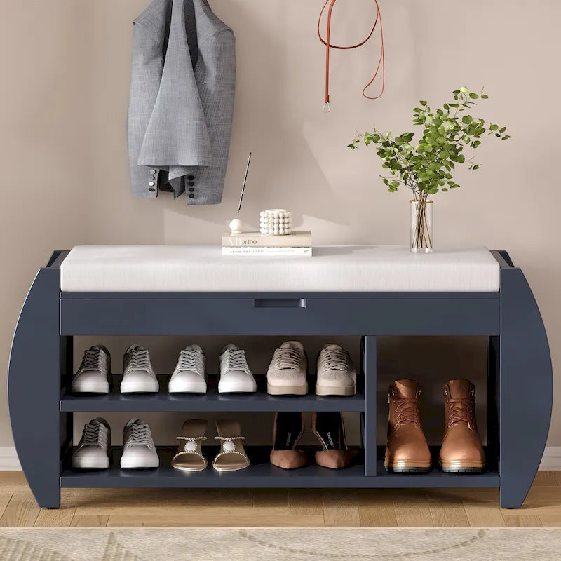 Banc de rangement incurvé avec coussin, une place, Espresso/Bleu foncé/Marron/Blanc/Noir