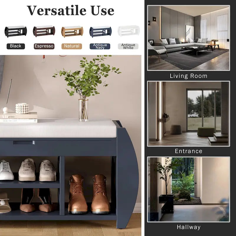 Banc de rangement incurvé avec coussin, une place, Espresso/Bleu foncé/Marron/Blanc/Noir