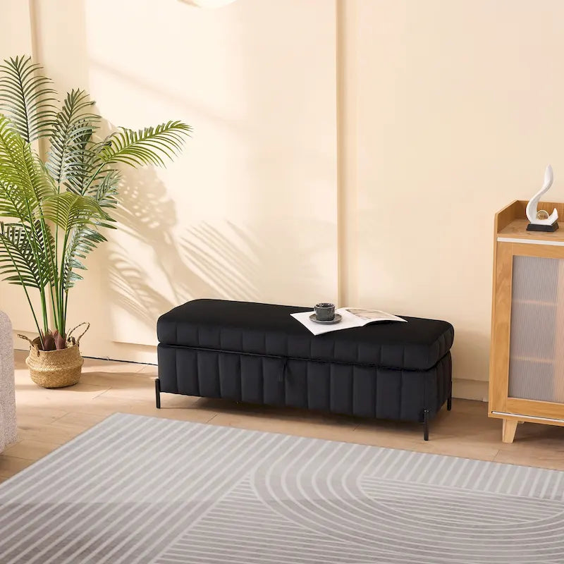 Banc de rangement en velours noir/bleu marine, 124,5 cm de large, 1 personne