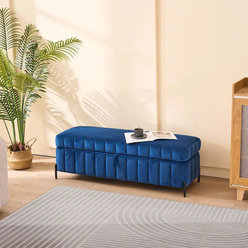 Banc de rangement en velours noir/bleu marine, 124,5 cm de large, 1 personne