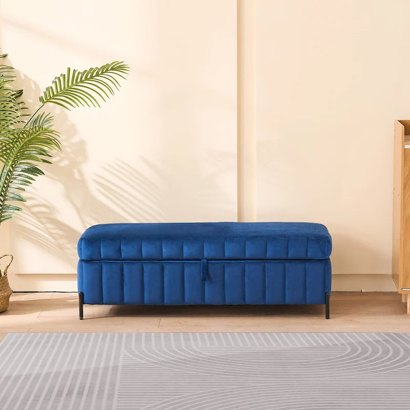 Banc de rangement en velours noir/bleu marine, 124,5 cm de large, 1 personne