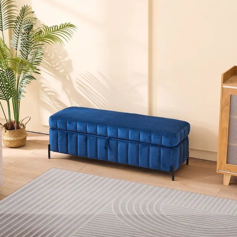 Banc de rangement en velours noir/bleu marine, 124,5 cm de large, 1 personne