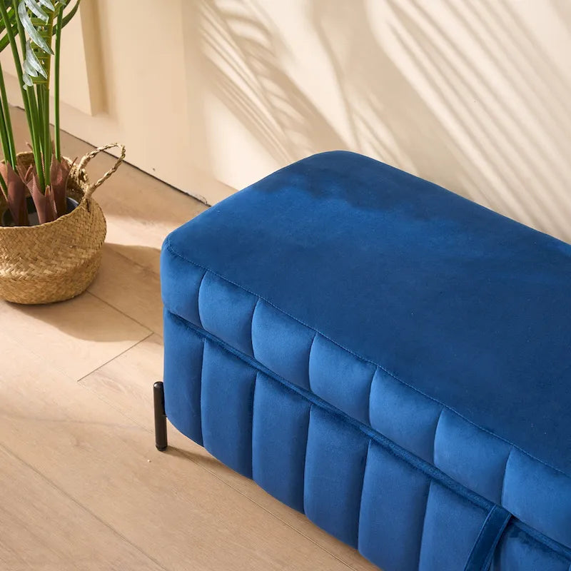 Banc de rangement en velours noir/bleu marine, 124,5 cm de large, 1 personne
