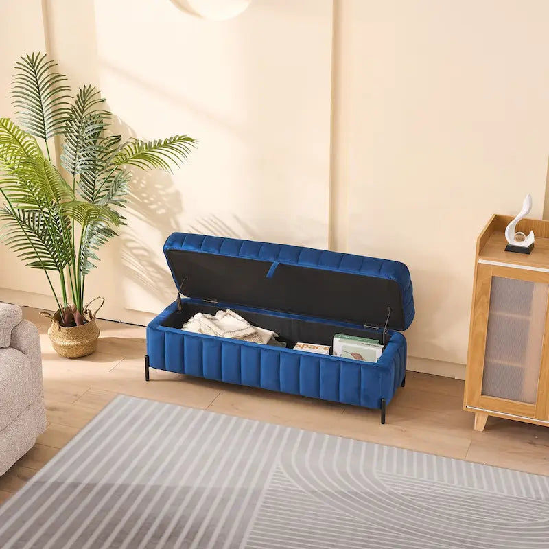 Banc de rangement en velours noir/bleu marine, 124,5 cm de large, 1 personne