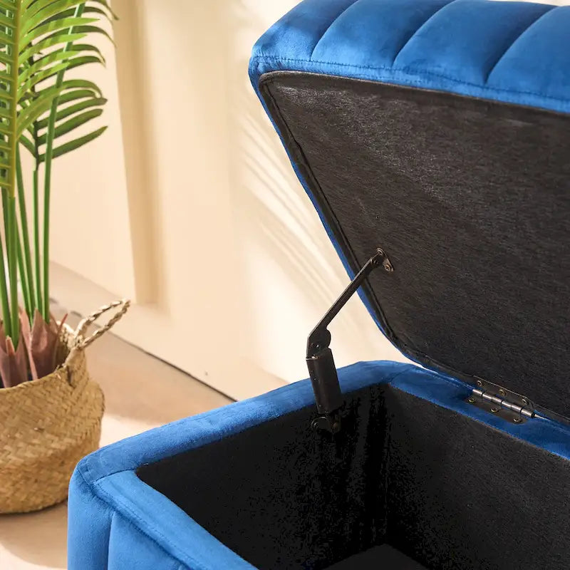 Banc de rangement en velours noir/bleu marine, 124,5 cm de large, 1 personne