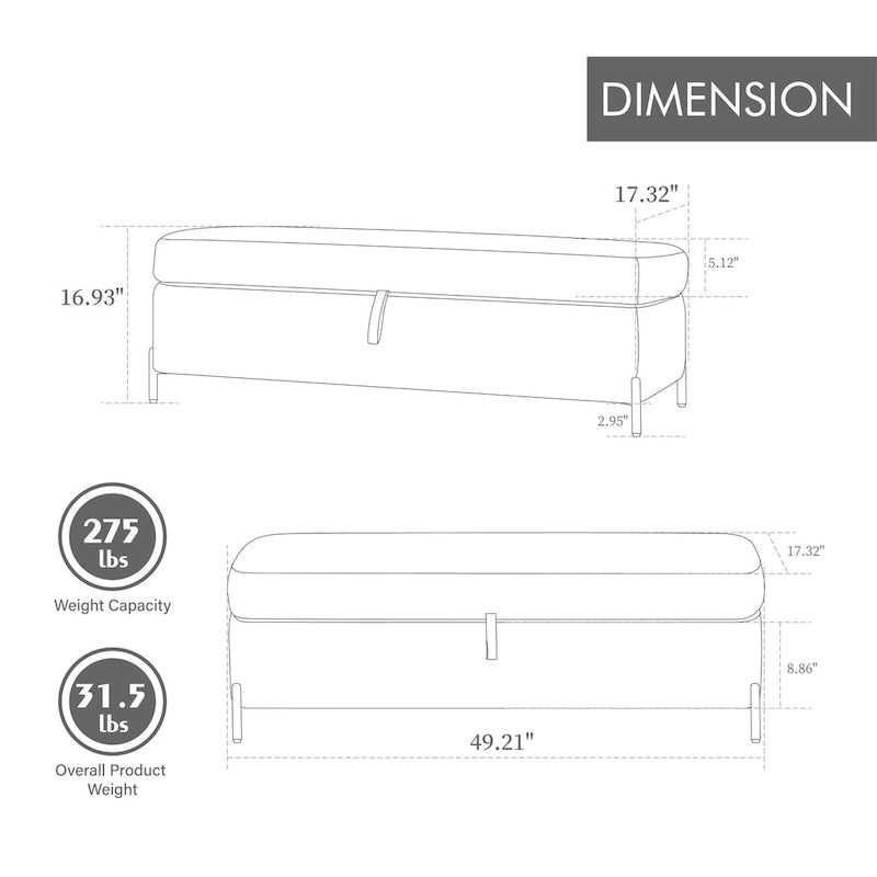 Banc de rangement en velours noir/bleu marine, 124,5 cm de large, 1 personne