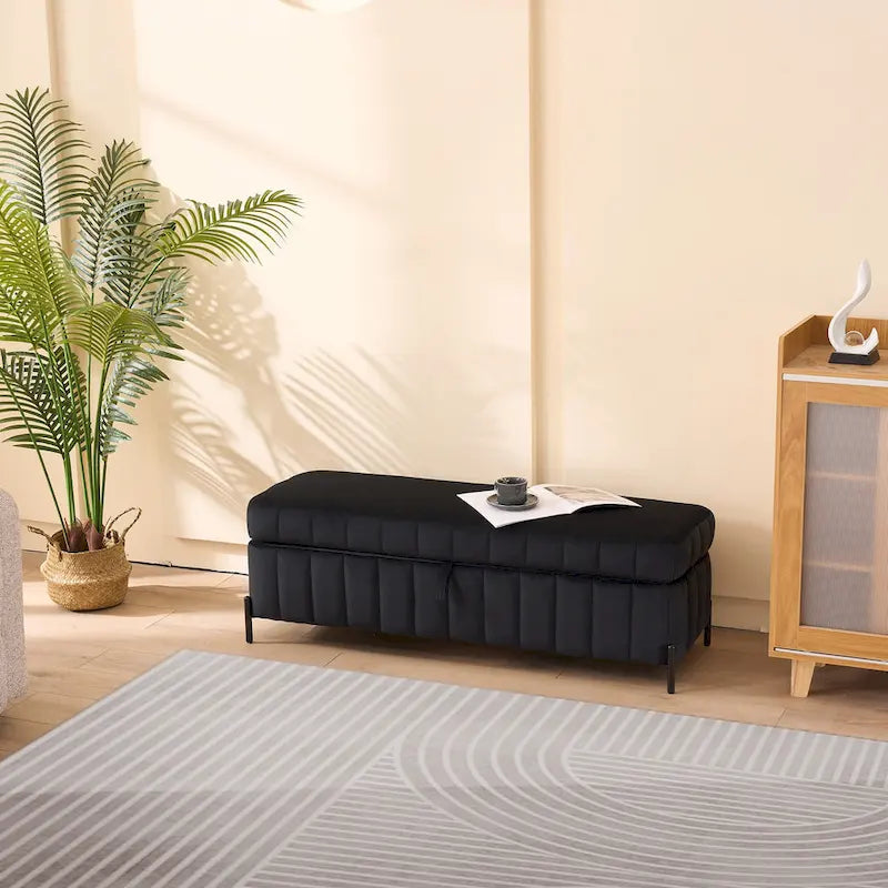 Banc de rangement en velours noir/bleu marine, 124,5 cm de large, 1 personne