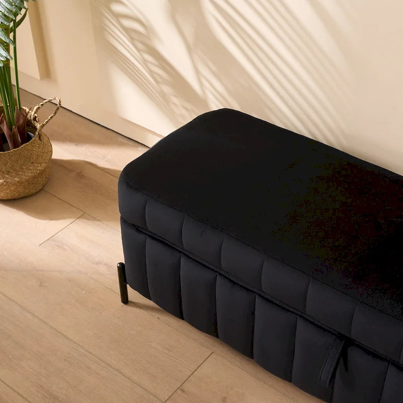 Banc de rangement en velours noir/bleu marine, 124,5 cm de large, 1 personne