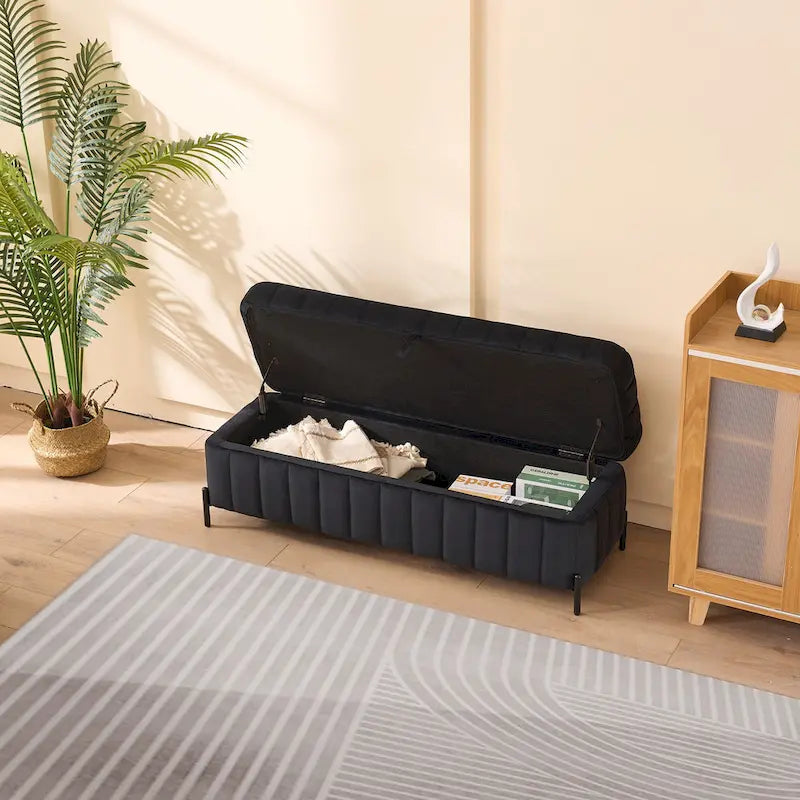 Banc de rangement en velours noir/bleu marine, 124,5 cm de large, 1 personne