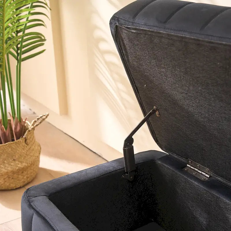Banc de rangement en velours noir/bleu marine, 124,5 cm de large, 1 personne