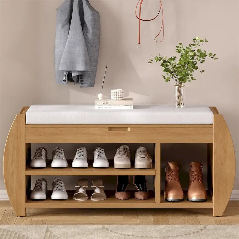 Banc de rangement incurvé avec coussin et étagère à chaussures, 5 coloris, 1 personne