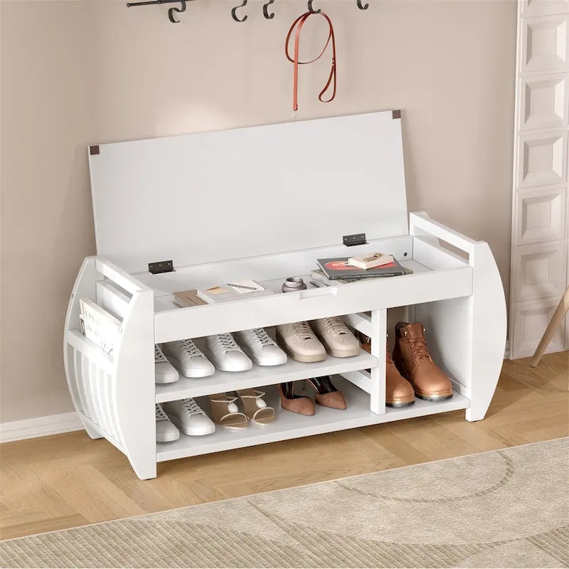 Banc de rangement incurvé avec coussin et étagère à chaussures, 5 coloris, 1 personne