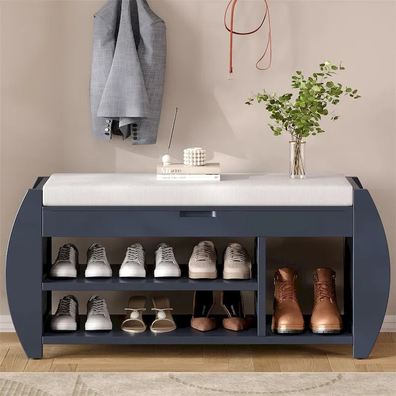 Banc de rangement incurvé avec coussin et étagère à chaussures, 5 coloris, 1 personne