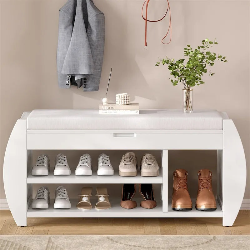 Banc de rangement incurvé avec coussin et étagère à chaussures, 5 coloris, 1 personne