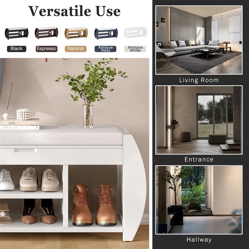 Banc de rangement incurvé avec coussin et étagère à chaussures, 5 coloris, 1 personne