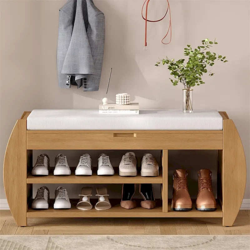 Banc de rangement incurvé avec coussin et étagère à chaussures, 5 coloris, 1 personne